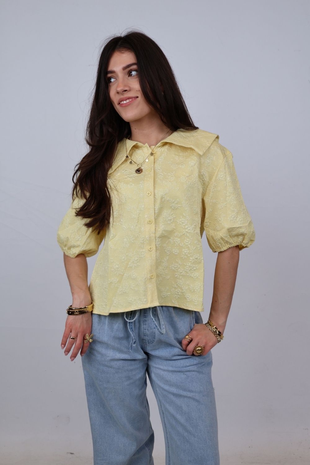 Blouse met bloemenstructuur | Pastelgeel