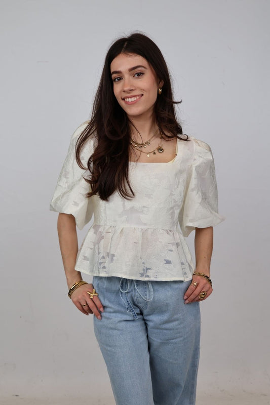 Peplum top met pofmouw | Wit