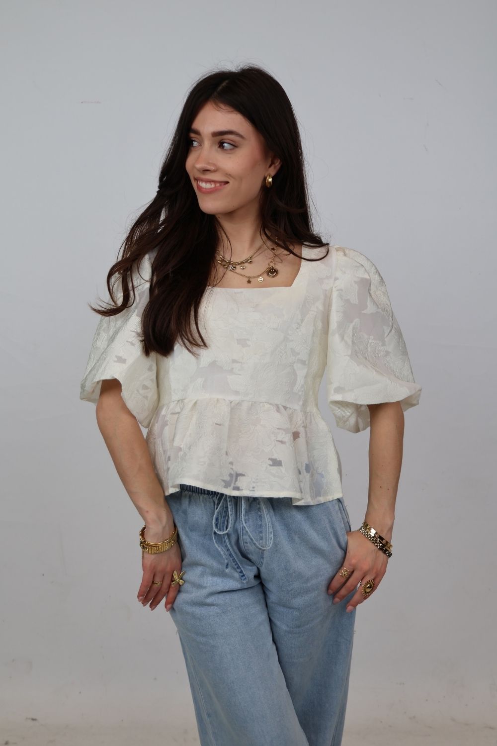 Peplum top met pofmouw | Wit