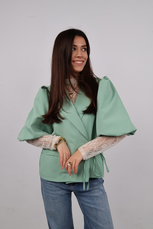 Blazer met strik ceintuur en korte mouw | Mint groen