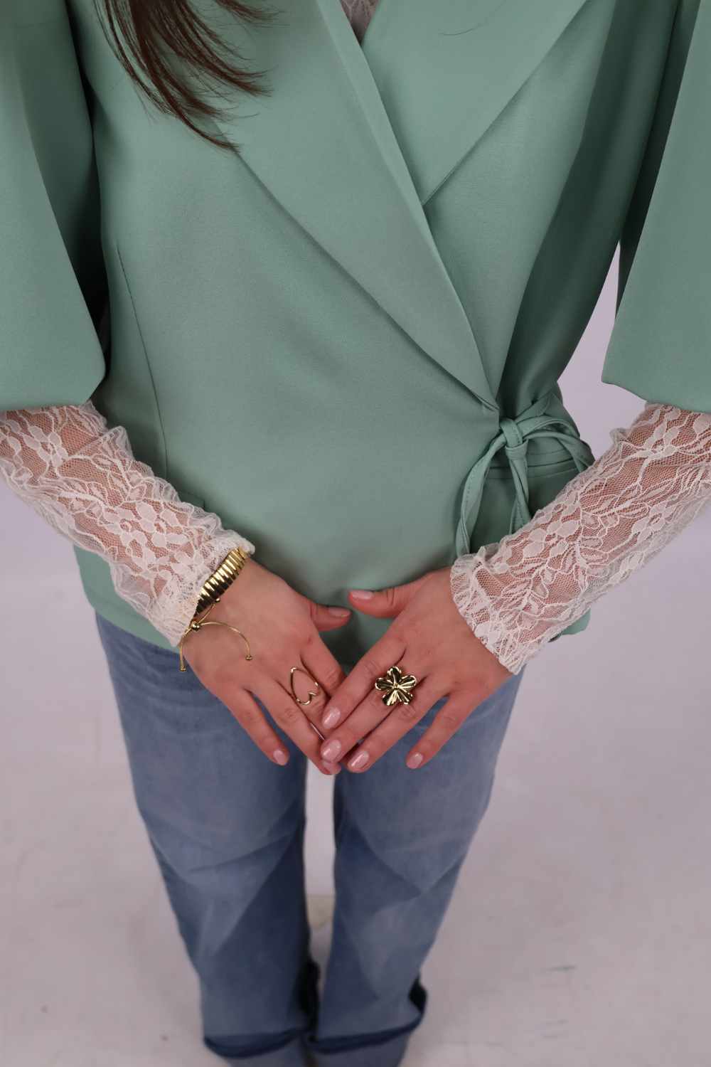 Blazer met strik ceintuur en korte mouw | Mint groen