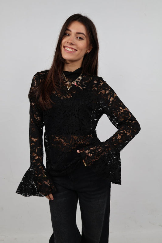 Kanten top met flair mouwtjes | Zwart