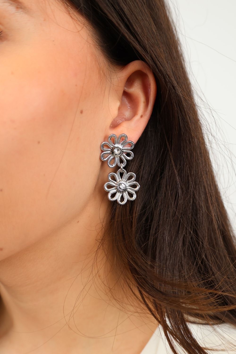Double flower oorbellen – Zilver