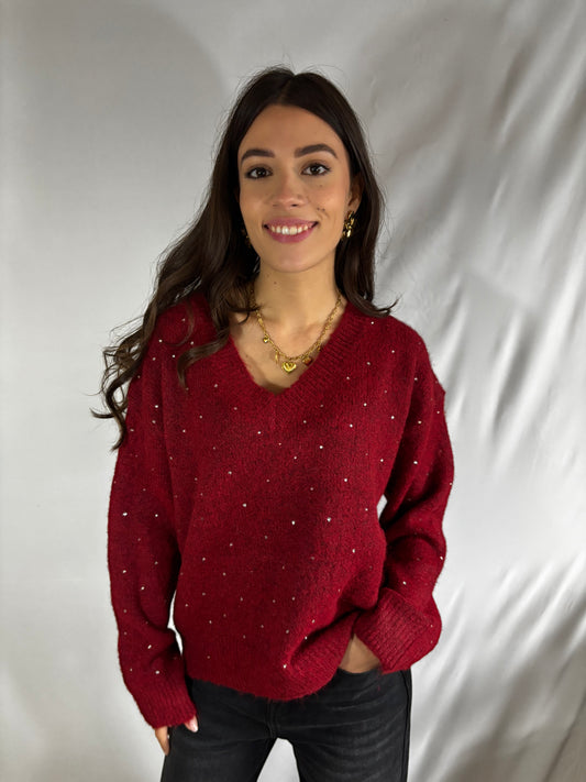 Baja | Bordeaux V-hals Trui met Strass Steentjes - Zacht en Elegant