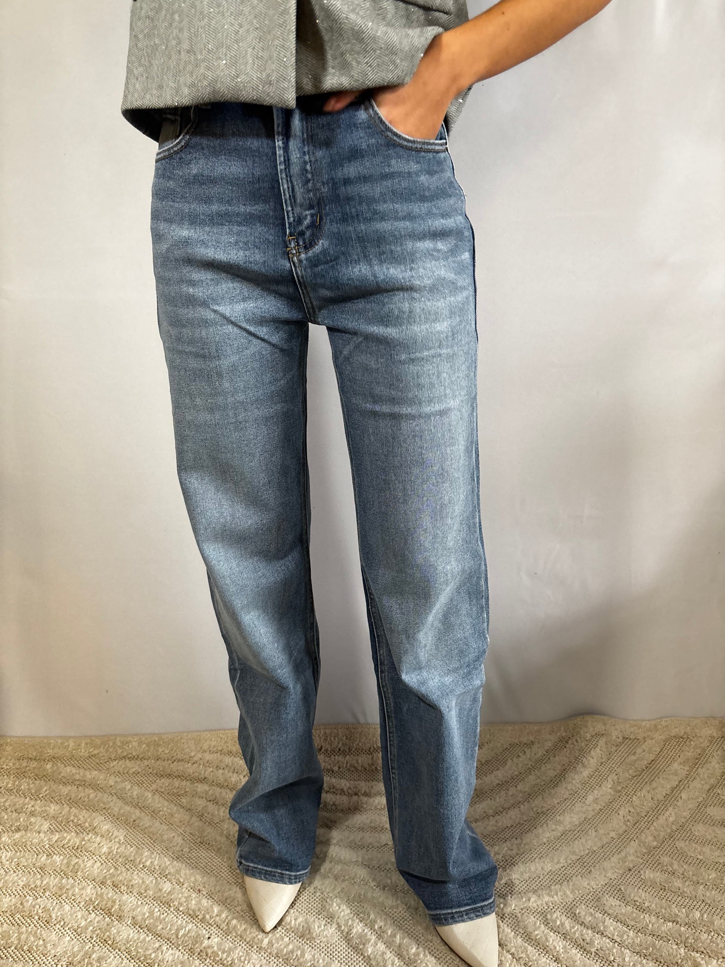 Flora | Spijkerbroek met Wijde Pijp - Stretch Blauw