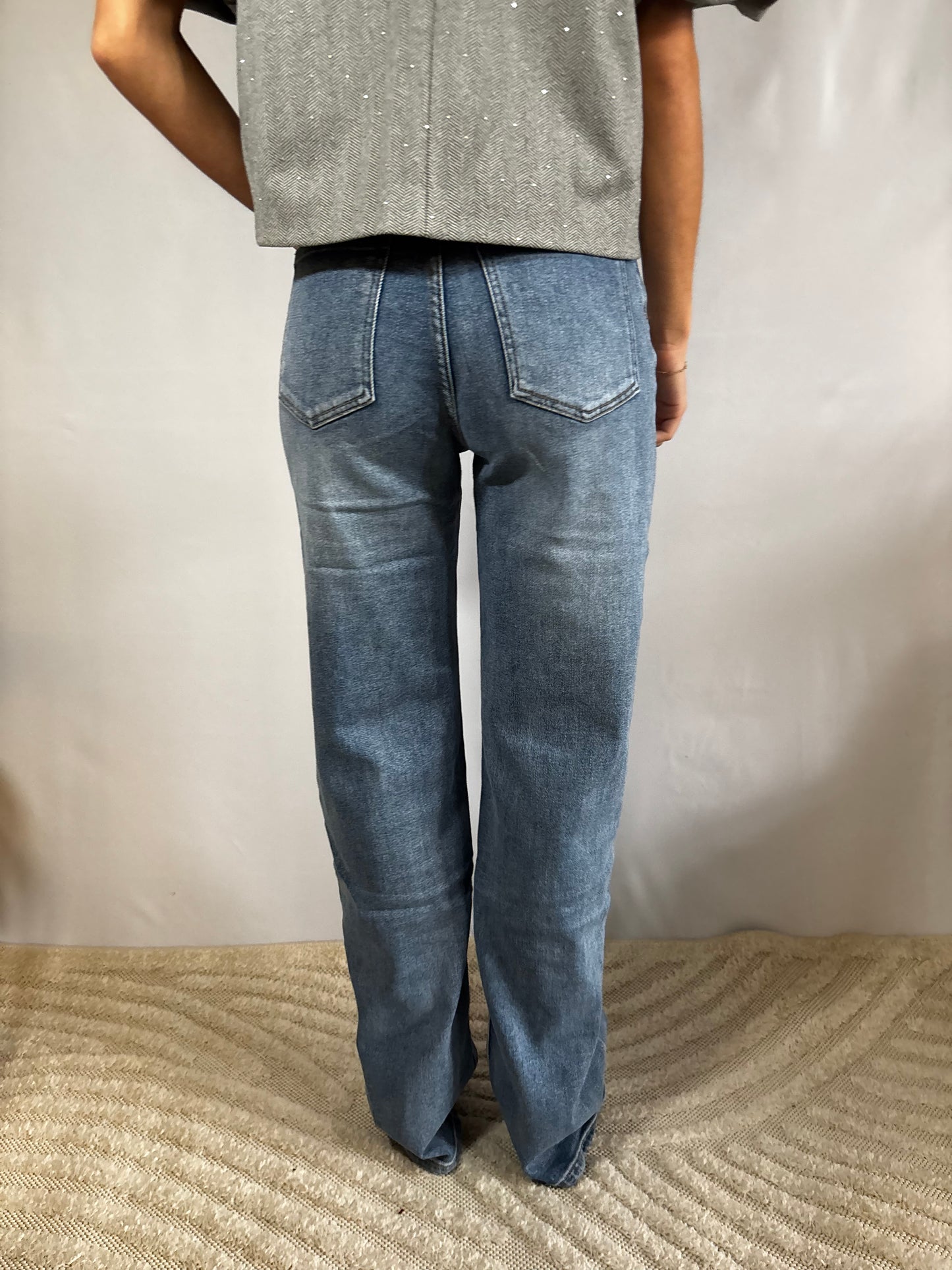 Flora | Spijkerbroek met Wijde Pijp - Stretch Blauw