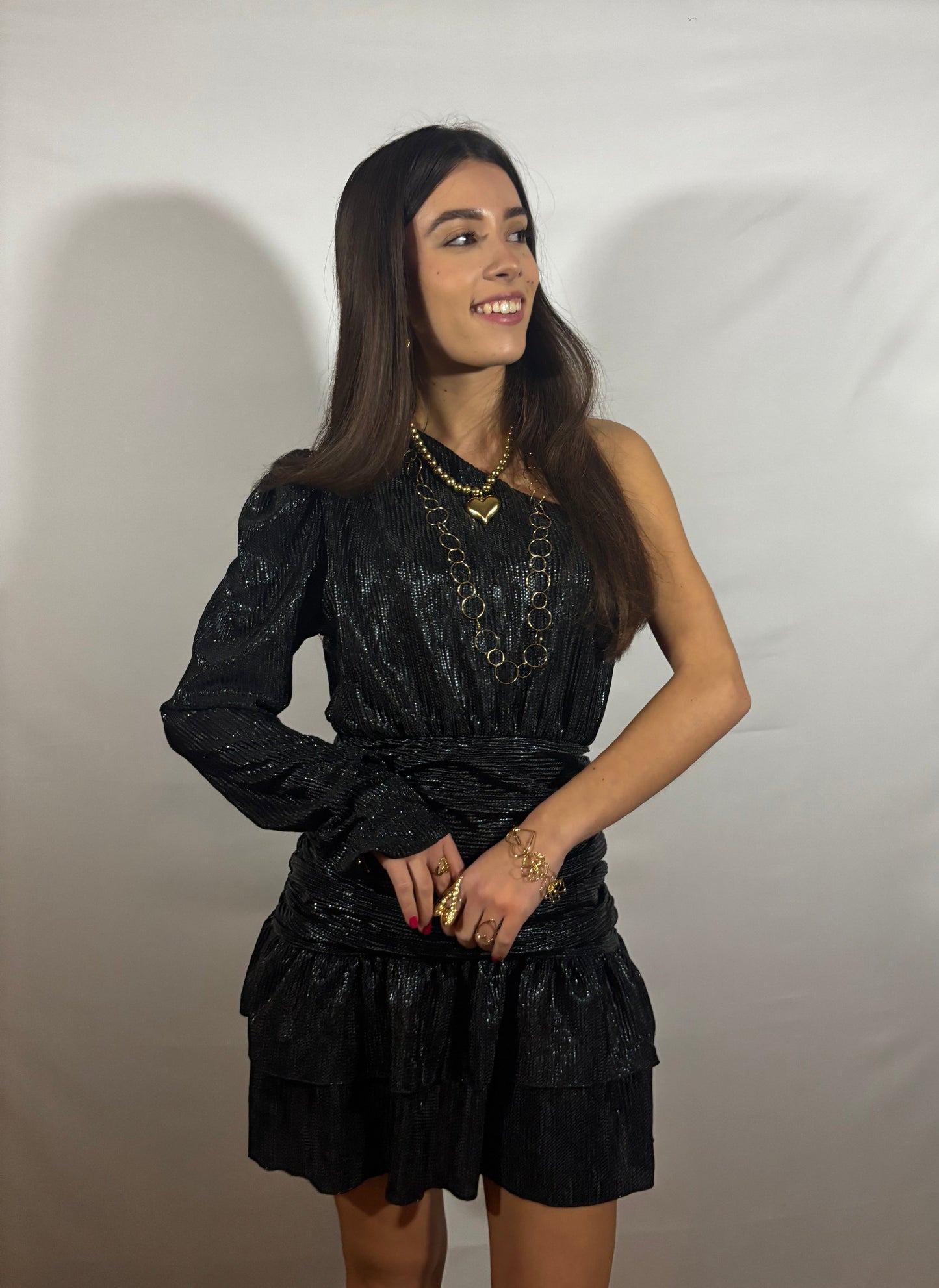 Fay one shoulder glitterjurkje | Zwart