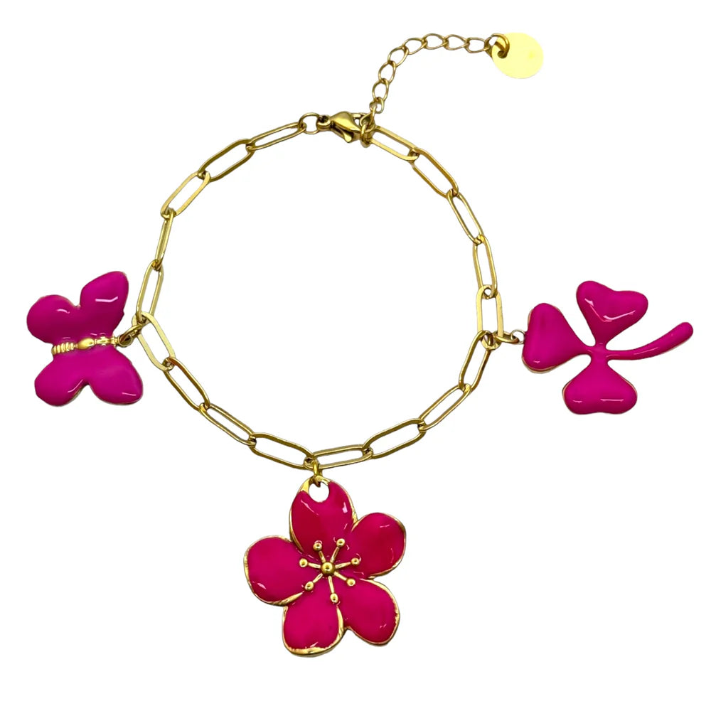 Schakelarmband met roze bedels | Goud