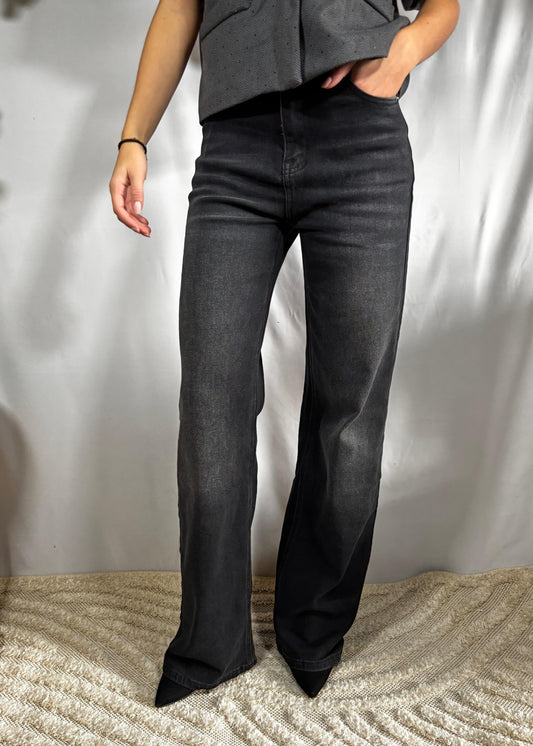 Flora | Spijkerbroek met Wijde Pijp - Stretch Zwart