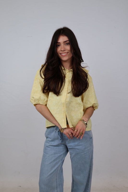 Blouse met bloemenstructuur | Pastelgeel