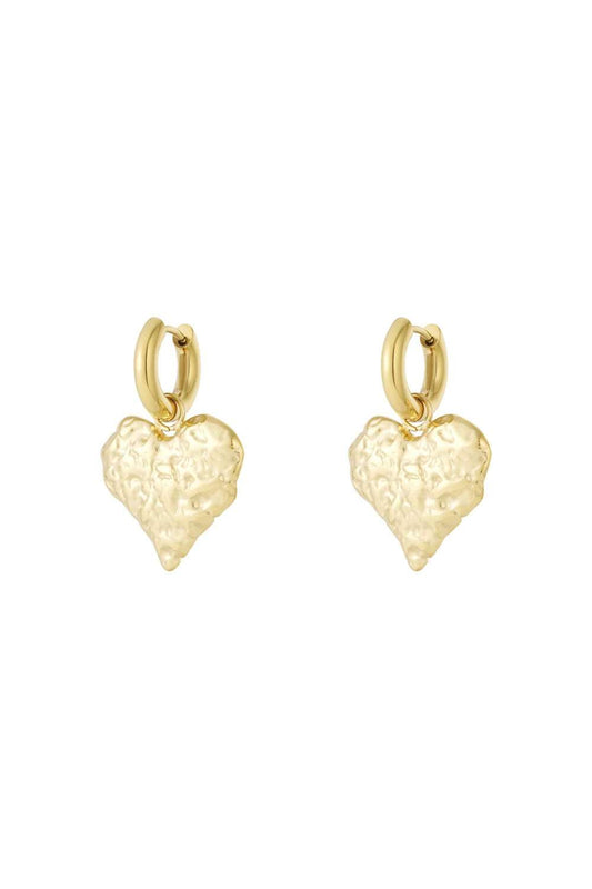 Textured heart drop oorbellen | Goud