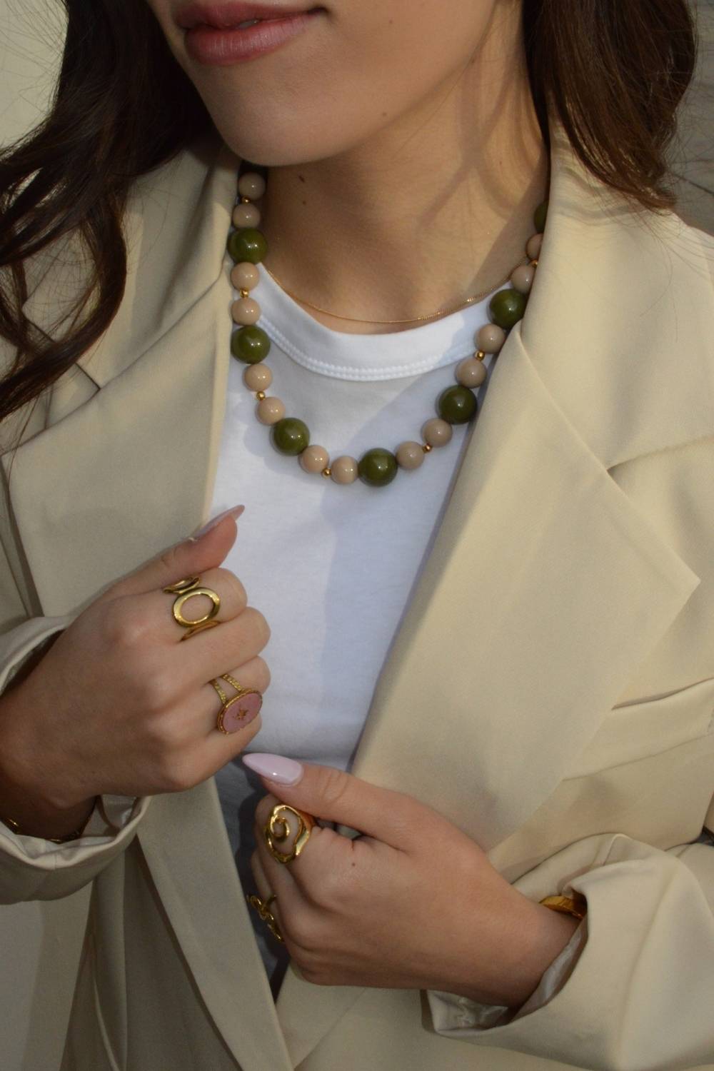 Dreamy Beads Ketting | Beige en Olijfgroen