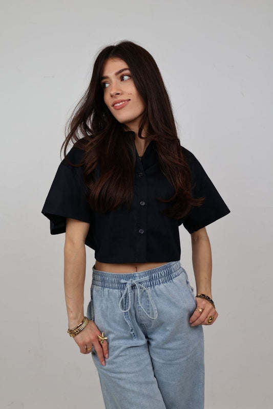 Blouse met open rug en touwsluiting | zwart