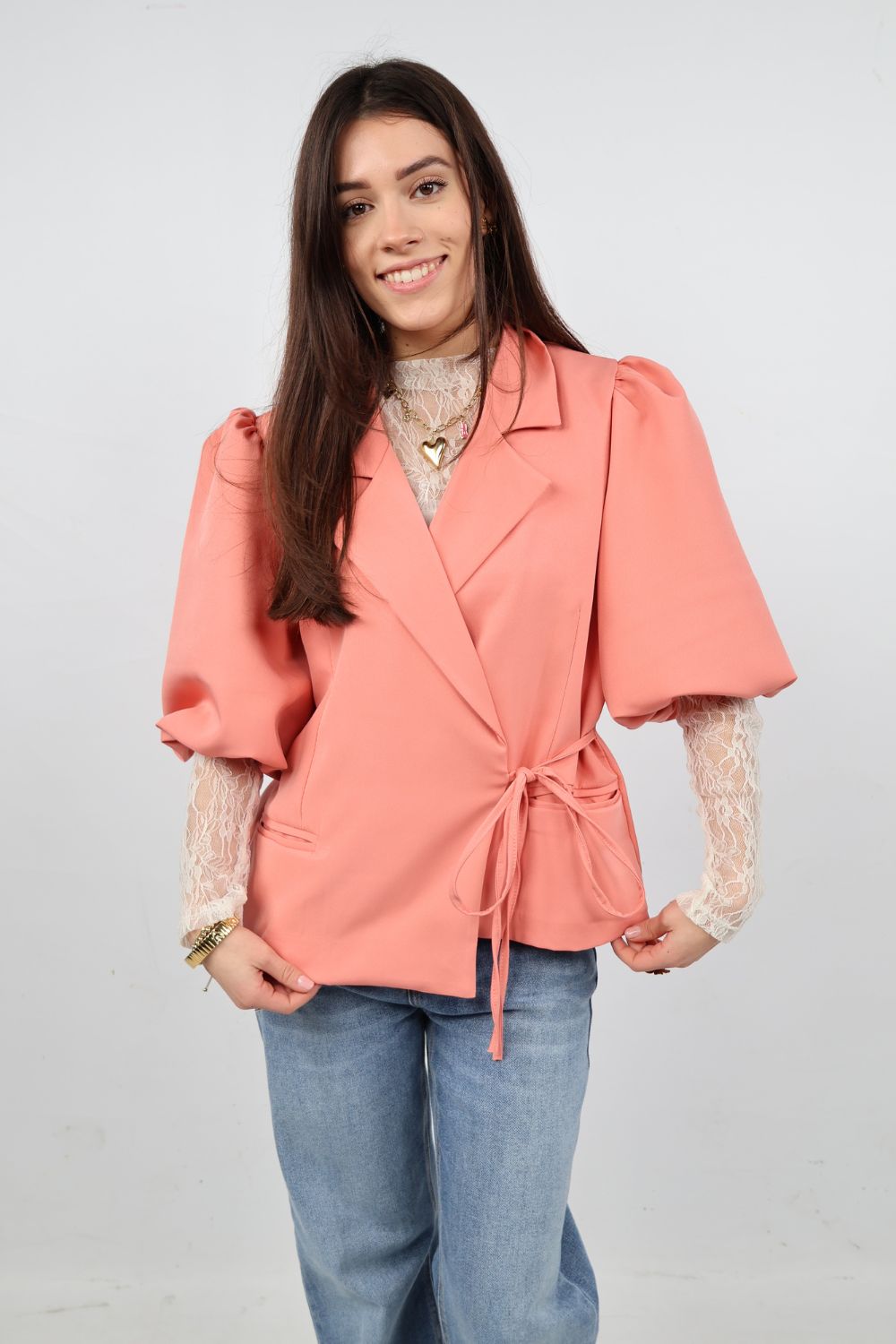 Blazer met strik ceintuur en korte mouw | Zalm roze