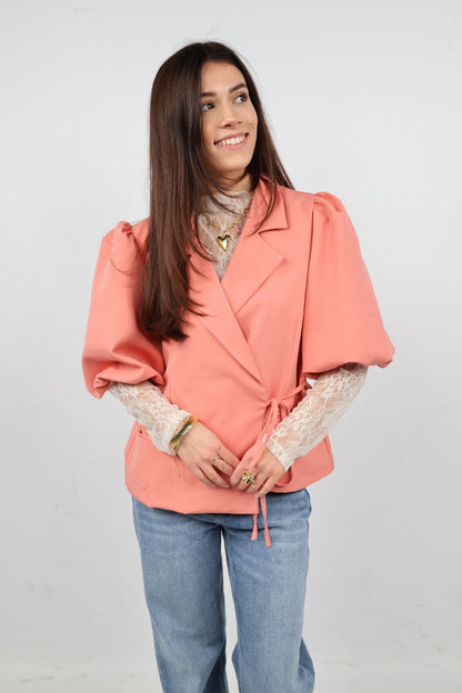 Blazer met strik ceintuur en korte mouw | Zalm roze