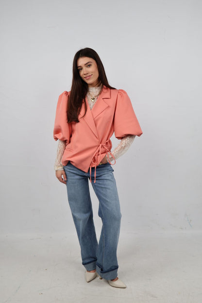 Blazer met strik ceintuur en korte mouw | Zalm roze