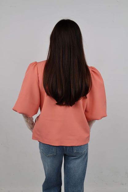 Blazer met strik ceintuur en korte mouw | Zalm roze