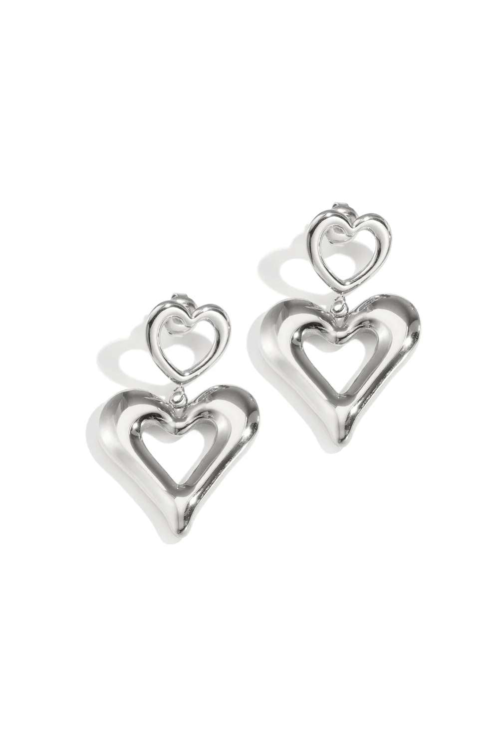 Double heart drop oorbellen | Zilver