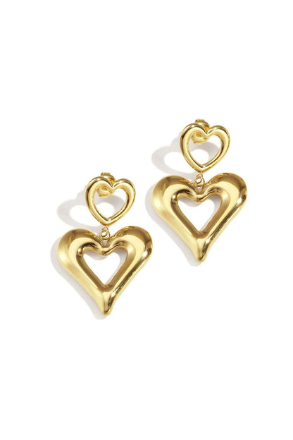 Double heart drop oorbellen | Goud