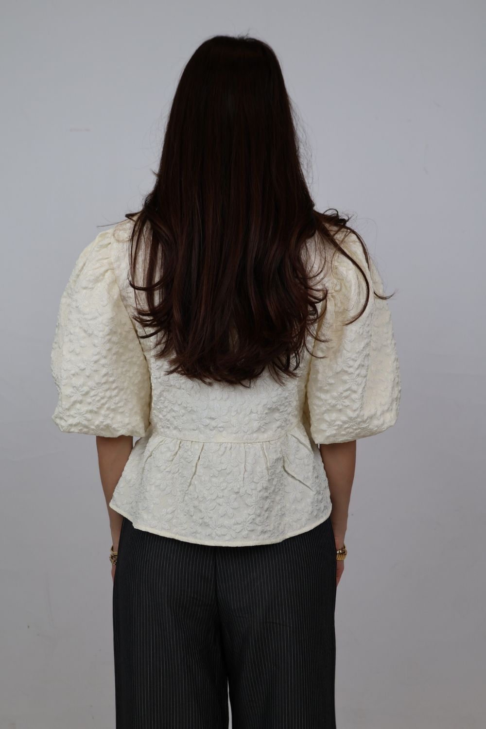 Peplum top met striksluiting & bloemenstructuur | Off white