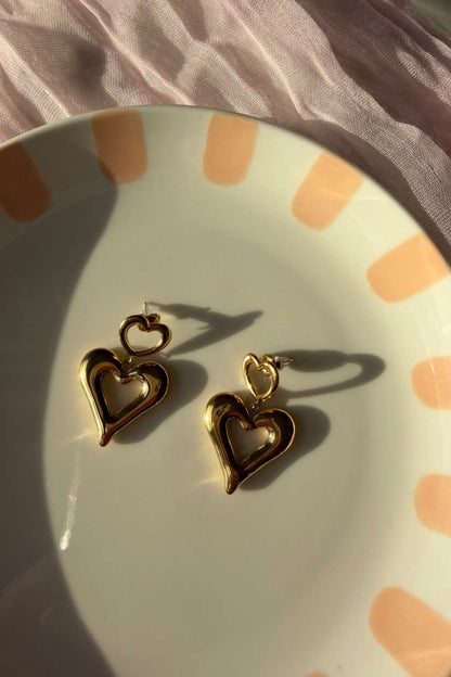 Double heart drop oorbellen | Goud