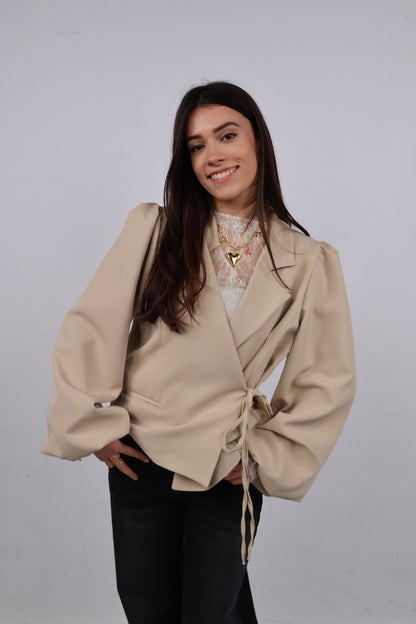 Blazer met strik ceintuur | Beige
