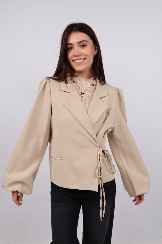 Blazer met strik ceintuur | Beige