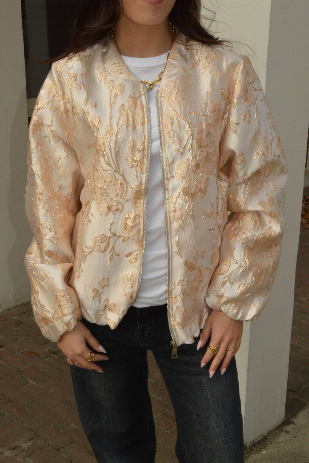 Floral Glow Bomber Jacket | Goud