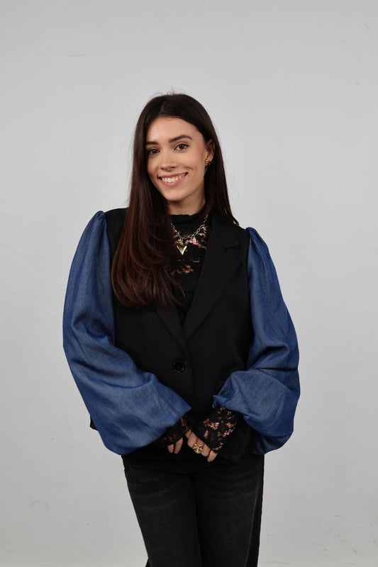Blazer met blauwe pofmouwen | Zwart