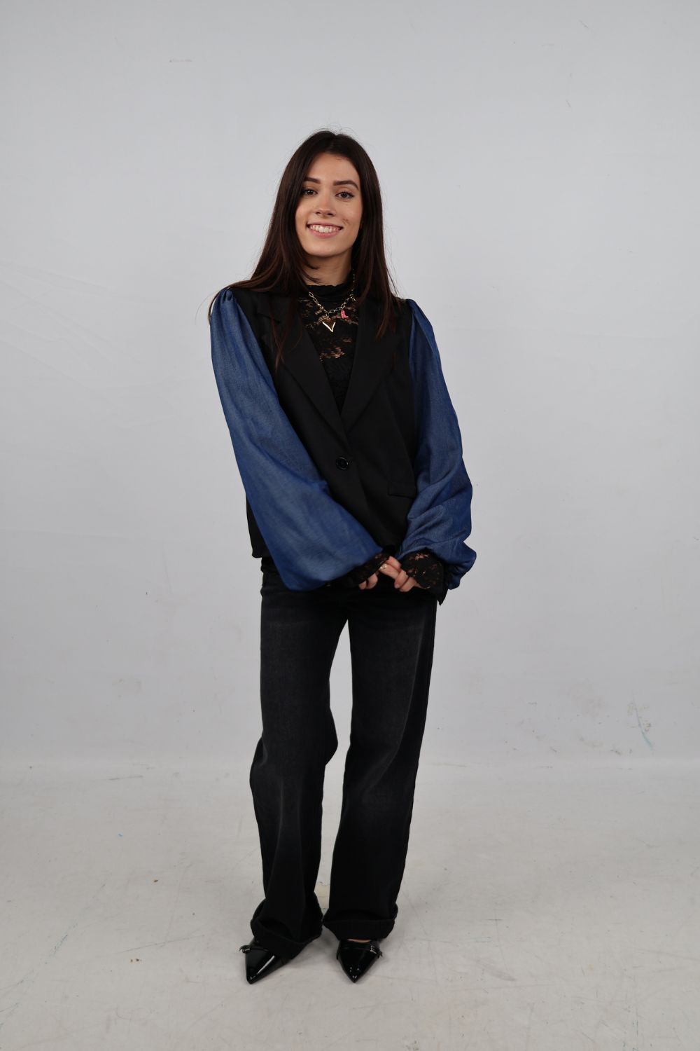 Blazer met blauwe pofmouwen | Zwart