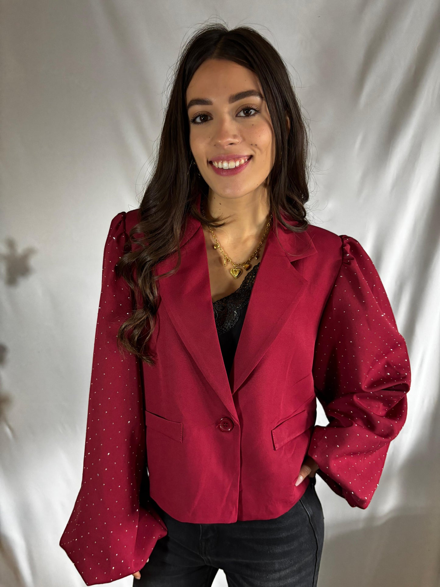 Nova | Blazer met glitter pofmouw Bordeaux