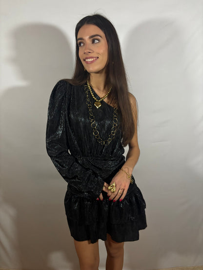 Fay one shoulder glitterjurkje | Zwart