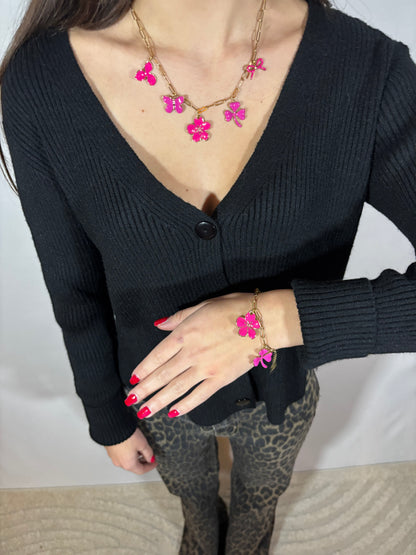 Schakelketting met roze bedels | Goud