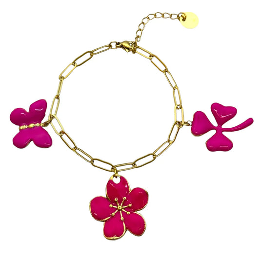 Schakelarmband met roze bedels | Goud